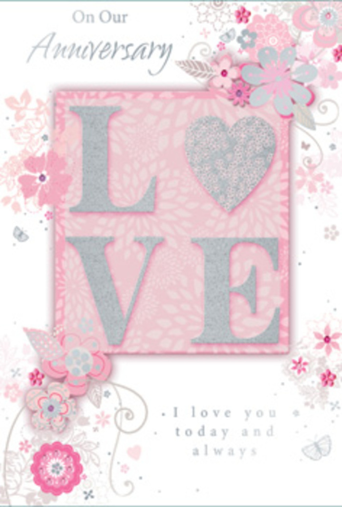This anniversary card opens like a quiet, sunlit room where love has been tended with care over many years, much like the long-standing homes tucked along the streets of Enfield. At its heart, the word LOVE stands proudly in a frosted, glittered print, each letter slightly raised from the surface so that it would reward a gentle touch. The glitter is soft and refined rather than bold, catching the light with a subtle shimmer that recalls sunlight glancing off glass vases in a florist's studio near Enfield Chase. Surrounding this central motif, wispy, hand-drawn blooms float along the borders of the card. Their petals are shaded with tender tones of pink, lilac, and creamy ivory, blending into one another as if softly brushed by watercolour. These flowers drift outward in light sprays, with dotted textures and airy strokes that echo the feathery foliage and delicate filler blooms we often tuck into anniversary bouquets here in Enfield. Interlaced among the blossoms are fine, filigree lines, slender leaves, and a few almost-hidden butterflies with translucent wings, suggesting the quiet flutter of hearts and the lightness of long-lasting affection. The background remains a gentle pastel pink, like the sky over Enfield Town Park on a soft spring evening, allowing the floral detail and glitter to stand forward without ever feeling crowded. In a graceful, understated typeface, the sentiment I love you today and always nestles beneath the design, giving the impression of a whispered promise. The finished card feels like a hand-tied bouquet translated into paper, filled with artistry, gratitude, and the enduring warmth of an anniversary celebrated close to home.