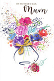 This illustrated Mother's Day card radiates the exuberance of a freshly gathered spring bouquet, yet every detail is painted, not picked, with the same care an Enfield florist brings to real stems and blooms. Swirling washes of purple, pink, and indigo form generous, open flowers that seem to lift toward the viewer, while calmer tones of blue, lilac, and soft apricot nestle between them, giving the eye gentle places to rest. Threads of leafy green peek through in loose strokes, suggesting foliage without strict realism, adding balance and depth. Fine golden lines trace key petals and curve lightly around the bouquet, catching imaginary light like the glint of sun by the bandstand in Enfield Town Park. Around the floral cluster, tiny specks of colour, drifting hearts, and stray splashes float across the otherwise white space, echoing a festive, almost confetti-like feeling as if celebrating every mum from Southbury to Highlands Village. The bouquet is cradled by a rounded vase, its outline soft and slightly translucent, tied neatly with an elegant golden bow that evokes the soft rustle of ribbon when a bouquet is prepared for delivery. The composition feels airy yet intentional, brimming with warmth, delight, and gratitude. It's a visual embrace on paper, the kind of card that would accompany breakfast in bed or a surprise doorstep visit, turning a simple Mother's Day message into a colourful memory for families all across Enfield.